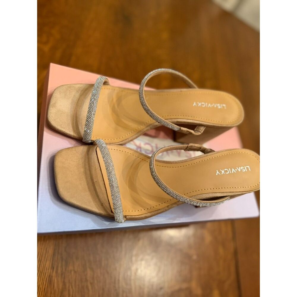 NWT Lisa Vicky Rhinestone Two Strap Block Heel Sandals Nude Size 8 - Picture 3 of 7